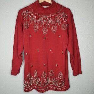 VTG‎ Victoria Jones Red Paisley Beaded Holiday Mock Neck Sweater 90s Ramie Small